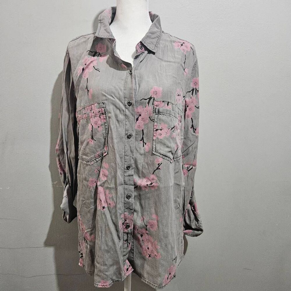 Billy T gray lyocell button-down blouse featuring an all-over pink cherry blosso